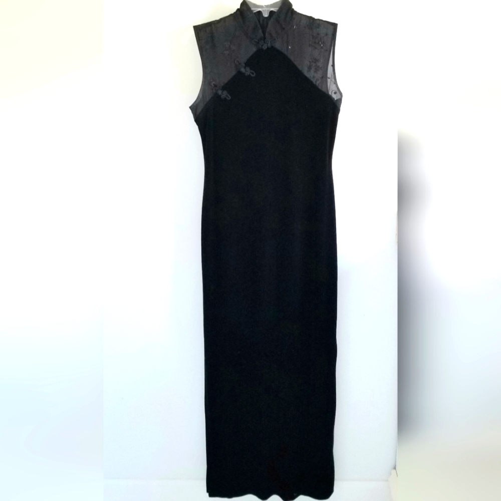 Betsy and Adam Velvet Maxi Mesh Illusion dress with beaded top